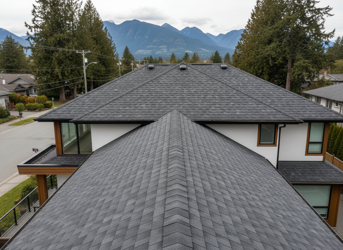 A modern asphalt shingle roof in pristine condition stretches across a contemporary Metro Vancouver home, every shingle aligned in clean, straight rows with crisp ridge caps and neatly finished valleys. The house sits on a quiet residential street framed by lush evergreen trees and distant coastal mountains, all rendered in photographic realism. Overcast daylight typical of Vancouver creates soft, diffused lighting, eliminating harsh shadows and giving the dark grey shingles a subtle, even sheen. Captured from a slightly elevated angle that shows both the front slope and peak, the composition uses the roof as the dominant subject while the background falls into a gentle bokeh. The mood is professional, reliable, and reassuring, communicating long-lasting protection and expert installation.