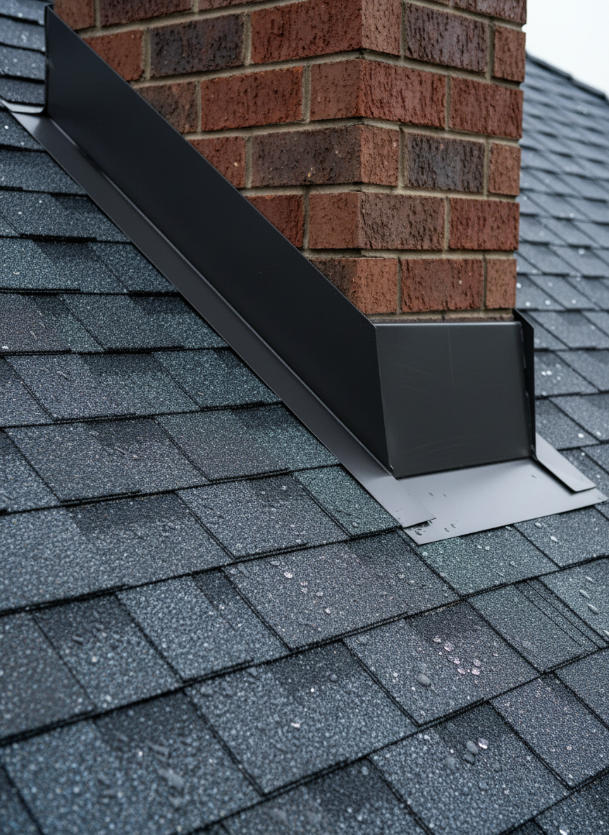 A close-up, photographic view of a skilled roofing job featuring high-quality laminated asphalt shingles meeting a flawlessly installed metal flashing around a rectangular chimney. The shingles display varied charcoal and slate tones with textured granules clearly visible, while the flashing shows a smooth, dark matte finish tightly sealed against brickwork. The setting is a residential roof in Metro Vancouver under bright but diffused daylight after a light rain, with tiny water droplets beading on the shingle surface. The lighting emphasizes texture and craftsmanship, casting soft, minimal shadows. Shot from an eye-level, diagonal angle that highlights clean lines and precision details, the background gently blurs into neutral roof planes. The mood is technical and trustworthy, showcasing meticulous workmanship and weather-resistant protection.