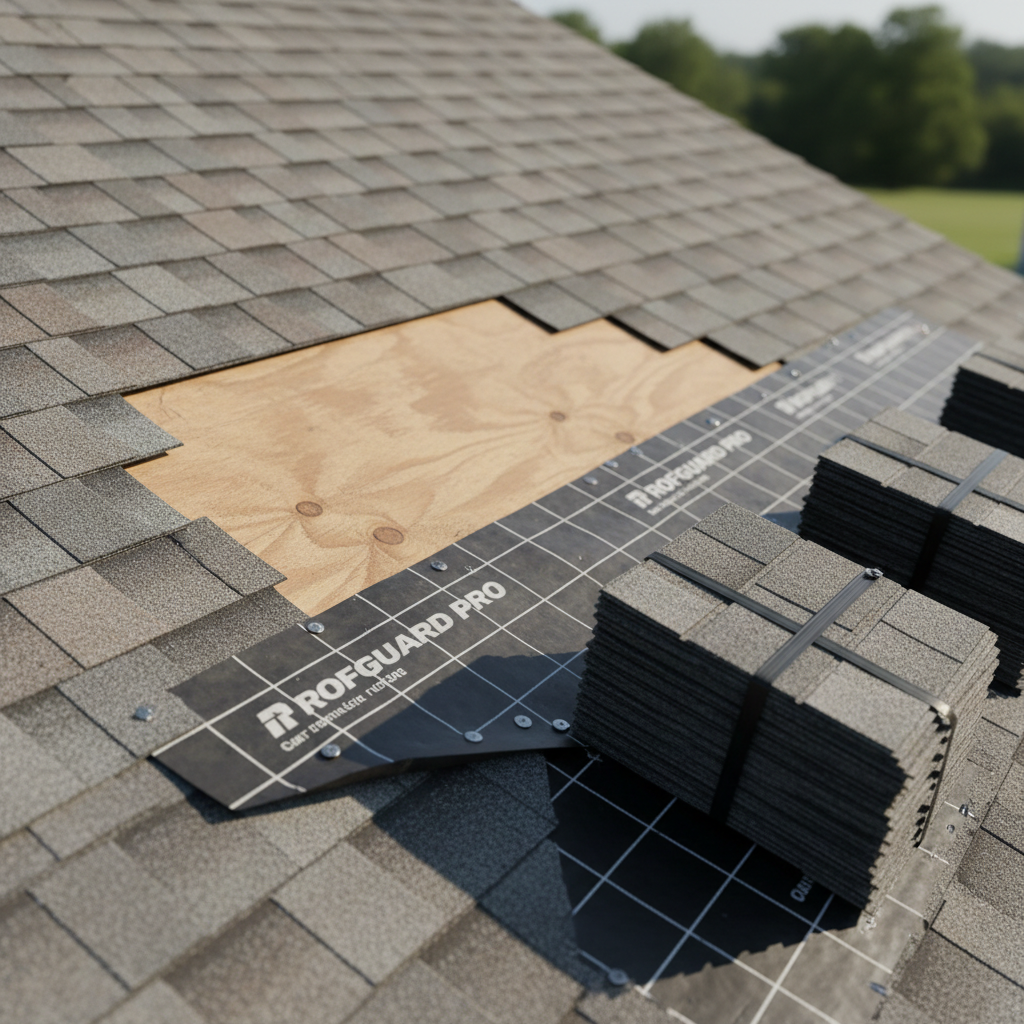A detailed, photographic close-up of a roof repair in progress, focusing solely on the materials and surfaces rather than workers. A small, neatly defined section of older, sun-faded shingles has been removed, revealing clean plywood decking and a new waterproof underlayment partially rolled out, its black surface marked with crisp white guidelines. Fresh bundles of architectural shingles in rich charcoal tones rest nearby on the roof plane, still bound. The scene is set under bright but diffused daylight with soft shadows, creating a clean, technical atmosphere. Shot from a slightly elevated, oblique angle with shallow depth of field, the composition keeps attention on the transition from worn to new materials, visually explaining the repair process with a professional, educational mood.