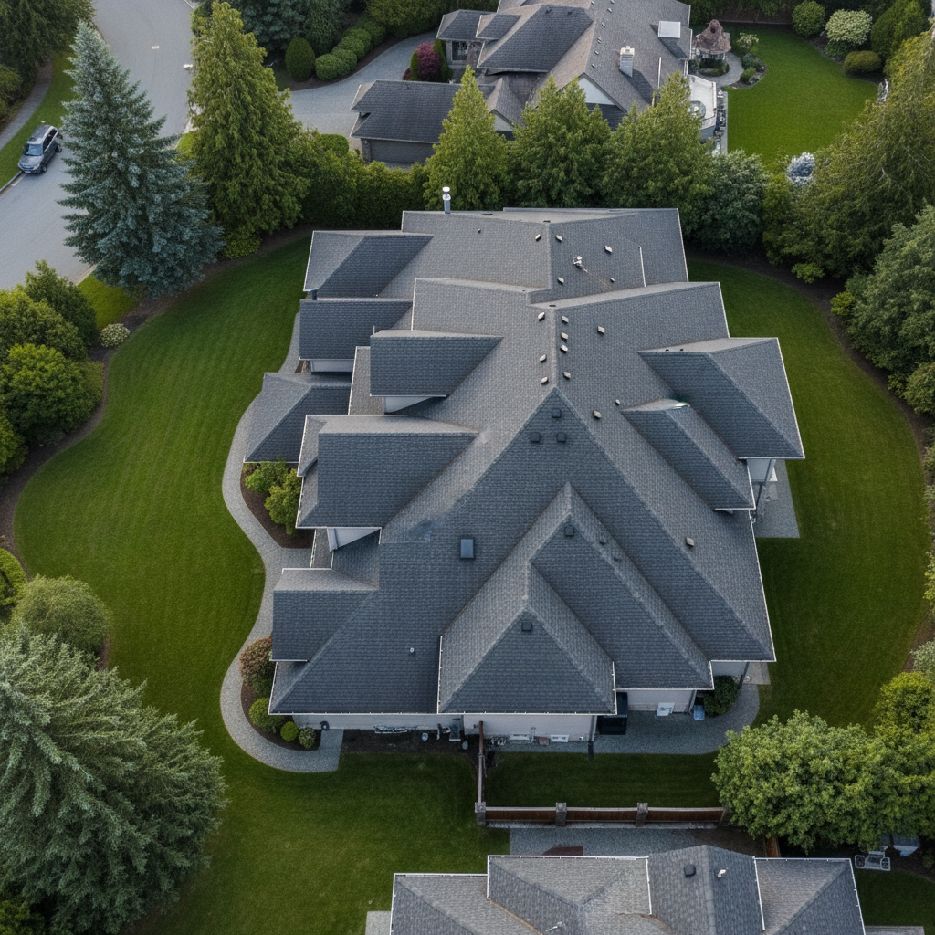 An aerial, bird’s-eye photographic view of a complex multi-plane roof system on a large Metro Vancouver residence, featuring intersecting gables, dormers, and valleys all perfectly aligned with consistent asphalt shingles. The dark grey roof contrasts against a backdrop of green lawns, mature conifers, and glimpses of nearby houses, suggesting a well-kept neighborhood. Soft, late-afternoon overcast light evenly illuminates every slope, revealing precise ridge caps, vent placements, and a continuous, well-integrated gutter system. The camera captures sharp focus across the entire frame, emphasizing geometry and layout. The mood is organized and authoritative, ideal for illustrating full roof replacement projects and demonstrating the contractor’s capability to handle complex designs with clean, professional results.